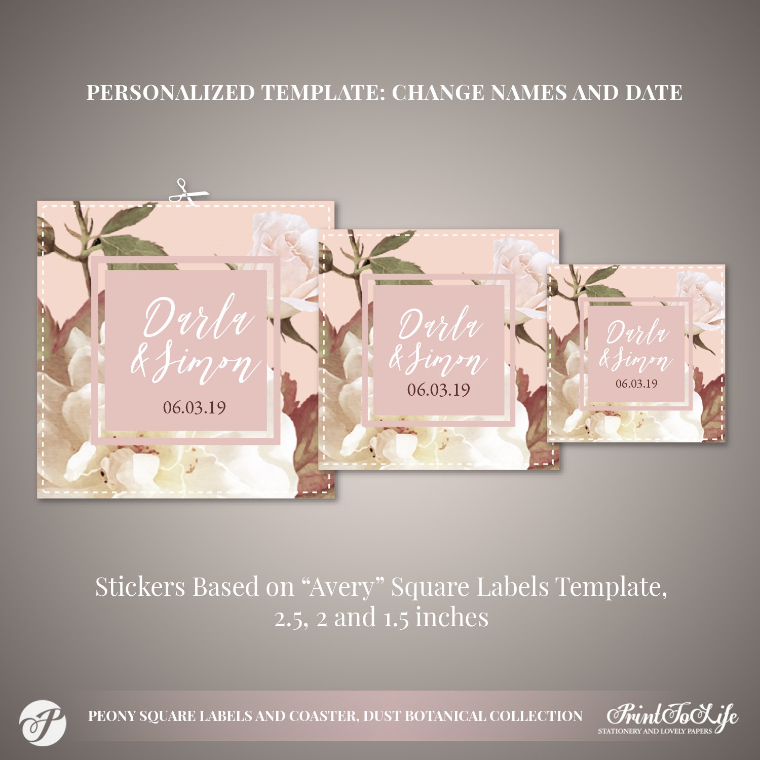 Peony Custom Wedding Labels, Favor Sticker Template, Set of 3, Square Shape  #Dusty Pink Botanical Collection - by Printolife